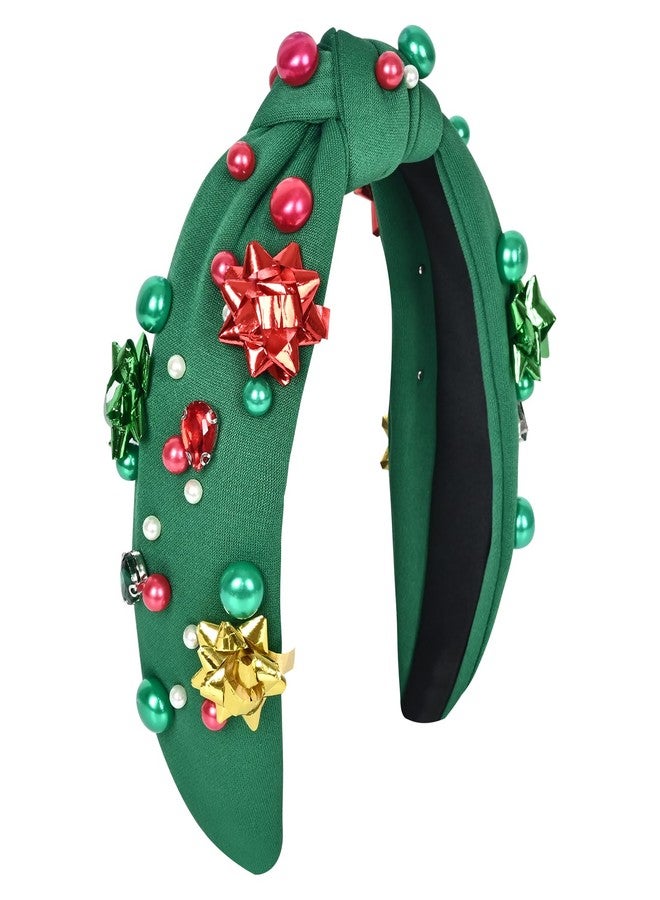 Krfapt Jeweled Plaid Headband with Embellished Crystals and Pearls - Knotted Wide Top Knot Hair Accessory for Women, Holiday Outfits & Gifts （Green） - Image 1